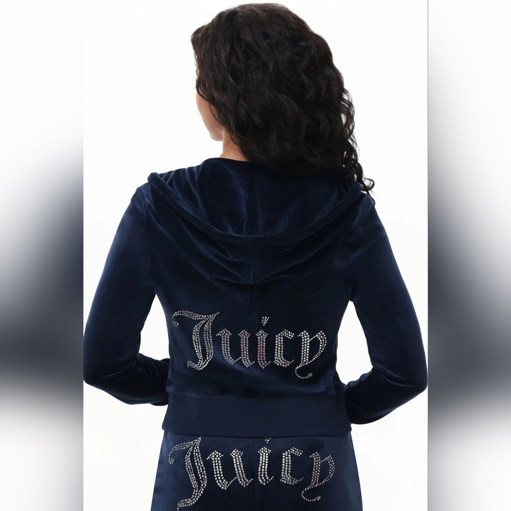 Juicy Couture Y2K Navy Blue Blingy Rhinestone Velour Tracksuit Size Large